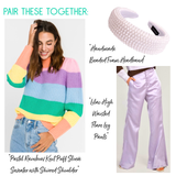 Pastel Rainbow Knit Puff Sleeve Sweater with Shirred Shoulder