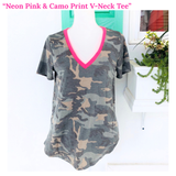 Neon Pink & Camo Print V-Neck Tee