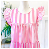 Baby Pink & White Stripe Flutter Sleeve Ruffle Hem Babydoll Dress with Button Back