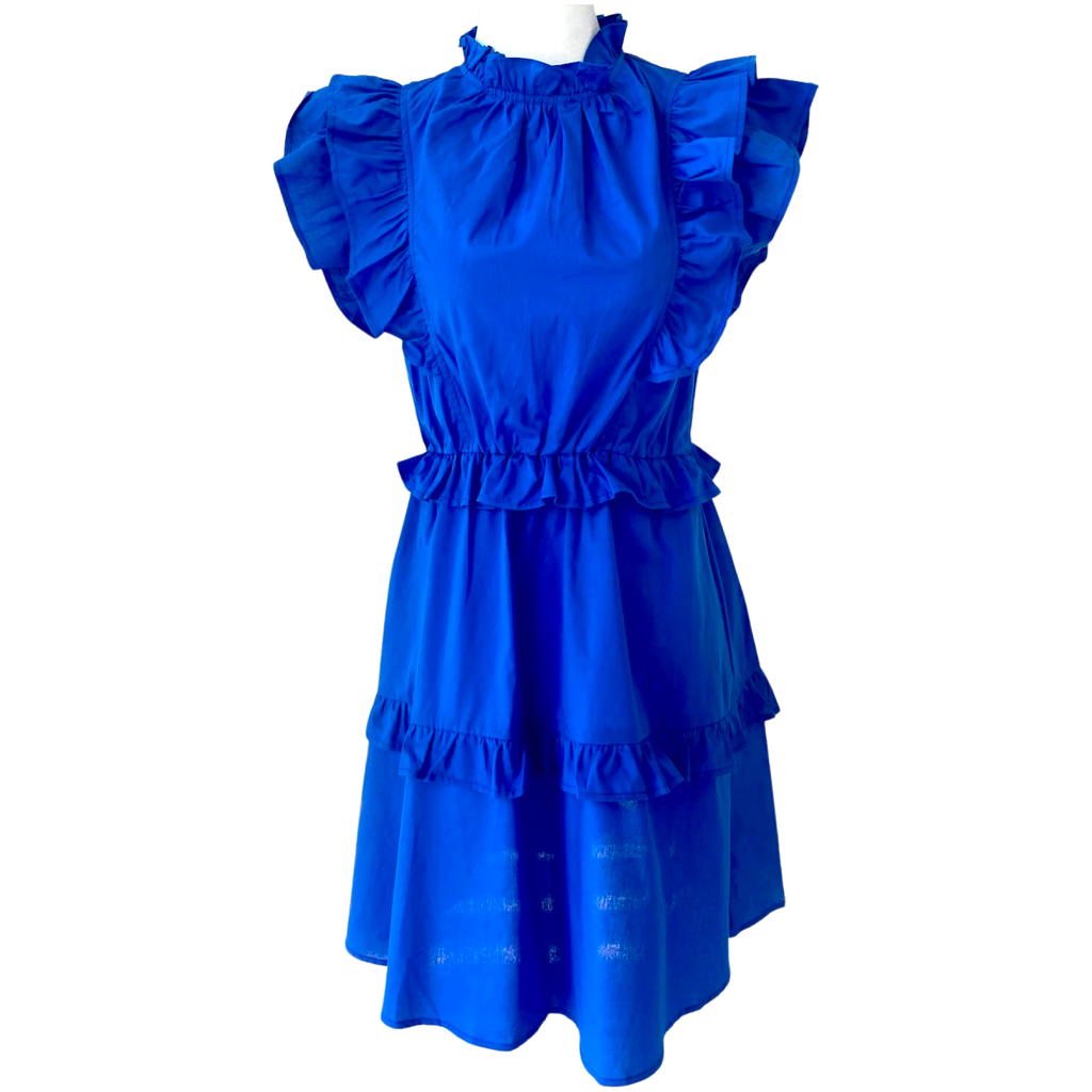 Cobalt Blue Cotton Ruffle Trim Roxie Dress - James Ascher