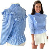 Gingham & Stripe Ruffled Camelia Top with Smocked Neckline