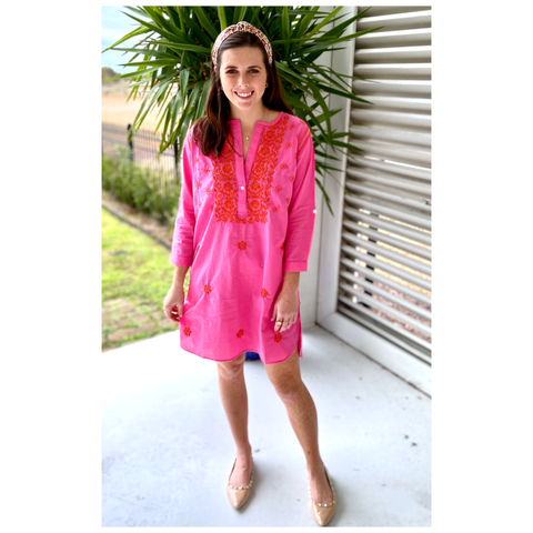 Pink & Orange Hand Embroidered Kiawah Dress