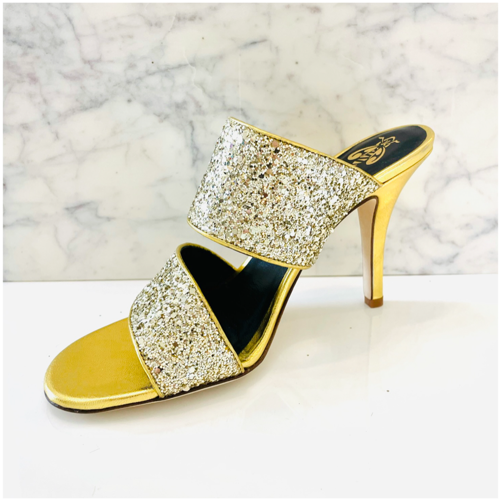 Gianvito Rossi Gold Leo Glitter Heels Uk 5.5 - NEW – Twice Loved - Pre  Loved Consignment Fashion
