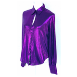 Metallic Purple Shimmer Button Down Collared Blouse with French Sleeve Cuffs