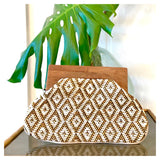 Pink & Orange OR Black Metallic Gold & Ivory Embroidered Boho Clutch with Wood Top