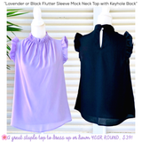 Lavender or Black Flutter Sleeve Mock Neck Top with Keyhole Back