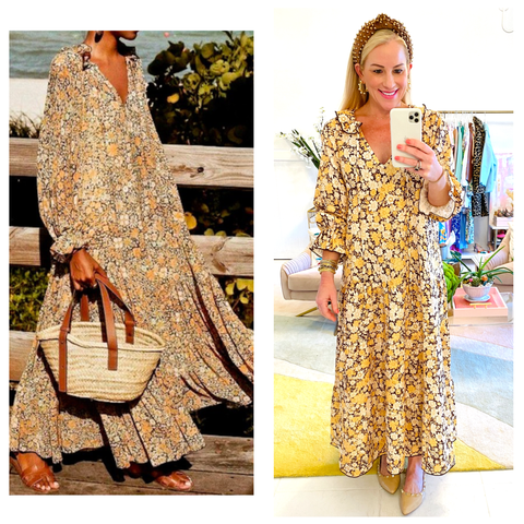 Designer Inspired Mustard & Black Floral Ruffle Trim Puff Sleeve Maxi Dress