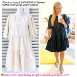 Black or Ivory LEATHER Puff Sleeve Dress with Tiered Ruffle Hem, POCKETS & Keyhole Back