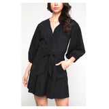 Black Soft Twill Puff Sleeve Dress with Front OR Rear Self Tie Belt & Pleated Skirt