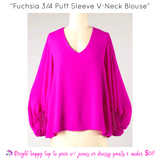 Fuchsia 3/4 Puff Sleeve V-Neck Blouse