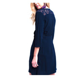 Navy 3/4 Sleeve A-Line Wrap Dress with Lace Shoulder Detail & Metallic Embroidery