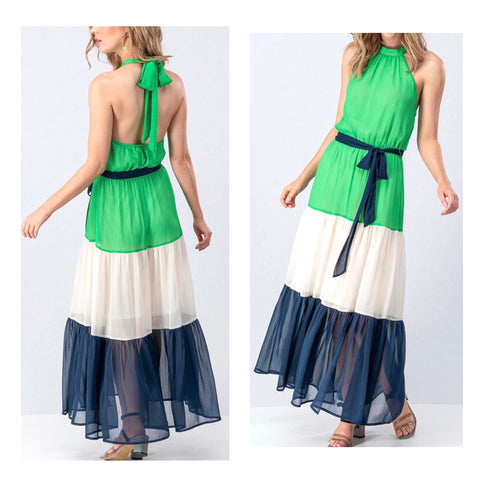 Navy & Kelly Green Pleated Halter Maxi Dress with Open Back