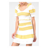 Cabana Yellow Stripe Smocked Waist Puff Tie Sleeve Ruffle Dress