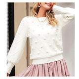 Winter White Lantern Sleeve Chevron Textured Knit Sweater with Pom Pom Appliqués & Banded Waist