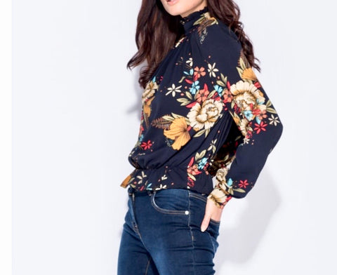 Floral Print High Neck Top with Keyhole Back