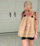 Embroidered Burlap Taupe Trapeze Cami with PomPom Shoulder Ties (Matching Shorts Sold Separately)
