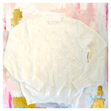 Winter White Lantern Sleeve Chevron Textured Knit Sweater with Pom Pom Appliqués & Banded Waist