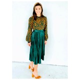 Emerald Green Leather Pleated Midi Skirt & Bow Back Puff Sleeve Top SET