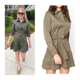 Olive Ruffle Hem Belted Button Down Shirtdress with Grommet Hem Detail