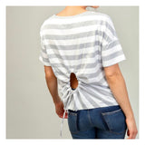 Grey Stripe Short Sleeve Tee with Self Tie Open Circle Back