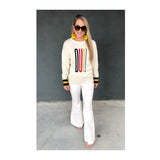 Ivory Knit “OUI!” Sweater with Navy & Yellow Banded Sleeve Contrast