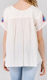 Ivory Short Sleeve Top with Multicolor Flower Embroidery