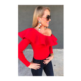 Bright Red OR Black One Shoulder Long Sleeve Bodysuit with Scuba Material Ruffle