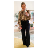 Leopard Print Satin Ruffle Top Jumpsuit with Black Semi Wide Leg Contrast