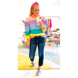 Pastel Rainbow Knit Puff Sleeve Sweater with Shirred Shoulder