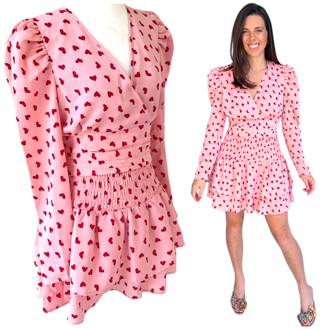 Pink & Red Heart Print Be Mine Smocked Skirt & Wrap Top Set (sold together)