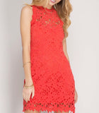 Tomato Red Sleeveless Lace Dress with Teardrop Open Back