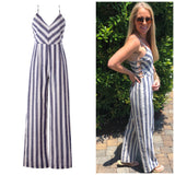 Blue White LINEN Blend Nautical Stripe Jumpsuit with Open Sides