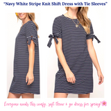 Navy White Stripe Knit Shift Dress with Tie Sleeves