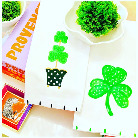 Shamrock Kitchen or Guest Towels with Hand Painted Stripes