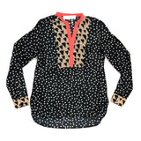 Black Long Sleeve Top with White Dots & Taupe & Orange Abstract Contrast