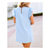 Baby Blue with White & Cerulean Blue Flutter Sleeve Embroidered Textile Linen Blend Shift Dress with Ruffle Bust & Keyhole Back