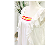 White Cascading Ruffle Shift Dress with Multicolor Embroidered Ric Rac Trim