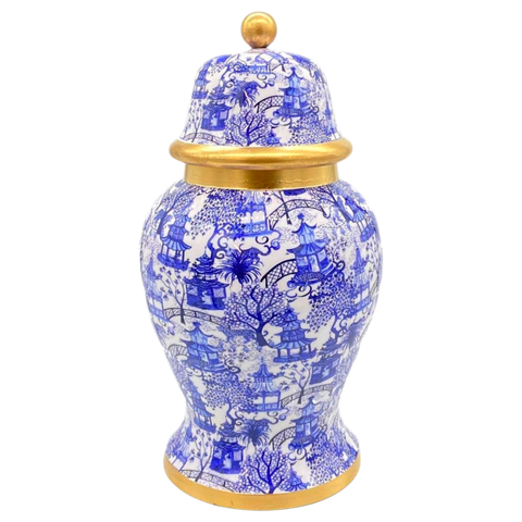 Chinoiserie Garden Party Ginger Jar + Staffies Chang Mai Gold Bamboo Tray