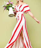 Red White Stripe On OR Off the Shoulder Maxi Dress with Waist Tie