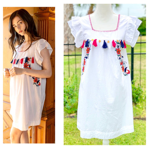 White Floral Embroidered Short Sleeve Shift Dress with Tassel & Gold Charm Appliqués