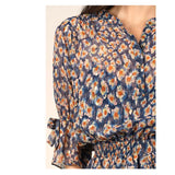 METALLIC Gold Shimmer Navy & Orange Floral Print 3/4 Tie Sleeve Button Tiered Ruffle Down Dress with Smocked Waist