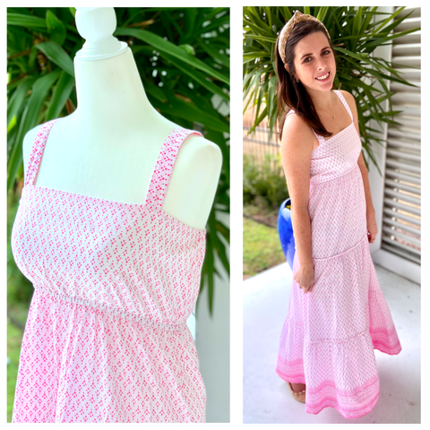 Lia Block Print Dress in Pink Seed