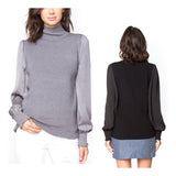 Pewter OR Black Turtleneck Sweater with Smocked Satiny Balloon Sleeves