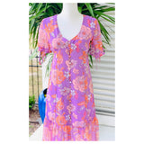 Lavender Blush & Coral Ruffle Hem Button Down Midi Dress with Chiffon Sleeves