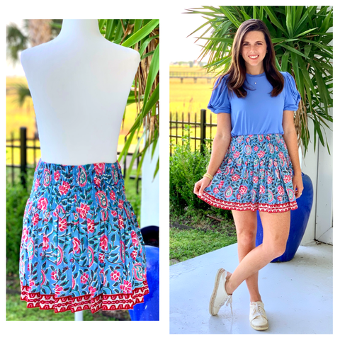 Sky Pink & Blue Block Print Smocked Ruffle Skirt