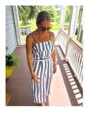Navy White Stripe Button Front Jumpsuit with Ruffle Bust