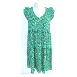 Green Micro Floral Print Drop Tiered Ruffle Hem Flutter Sleeve Dress