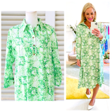 Green & Ivory Leaf Print Button Front Collared Dress
