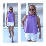 Lavender Ruffle Neck Sleeveless Swing Top with Bow Back