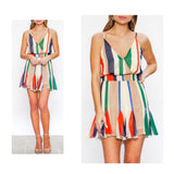 Multicolor Stripe Double Layer Romper with Pleated Inserts & Smocked Waist